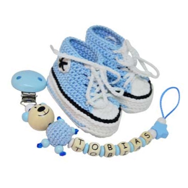 Babyschuhe + Schnullerkette Babyblau