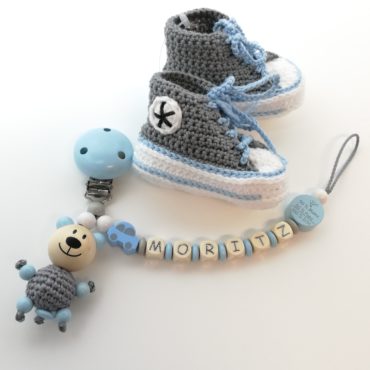 Babyschuhe + Schnullerkette Blau/Grau